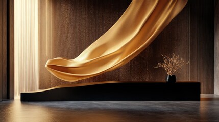 Golden fabric flowing in modern interior.