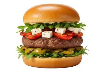 Juicy grilled patty, feta cheese, roasted red peppers, and arugula on a toasted bun. Delicious!