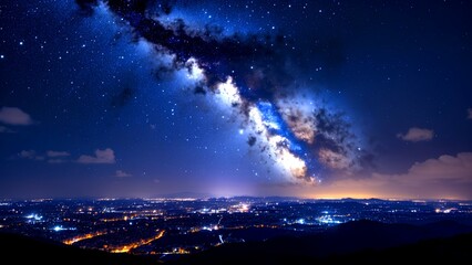 Fototapeta premium A brilliant Milky Way stretches across a starry night sky above a glowing cityscape, blending urban lights with cosmic beauty.