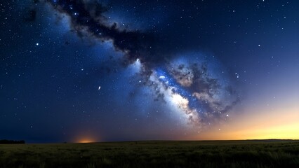 Naklejka premium The Milky Way galaxy glows brightly in a clear night sky above a dark, open field at dusk.
