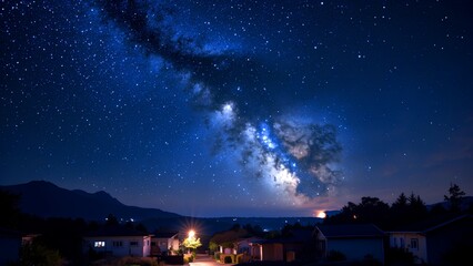 Naklejka premium A clear night sky reveals the Milky Way galaxy shining brightly over a quiet residential neighborhood with distant mountains.