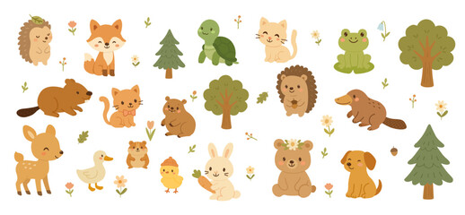 Cute Animal Vector illustration Icon Set isolated on a white background.