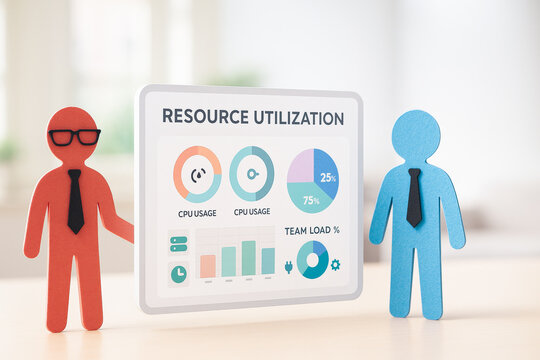 Resource utilization business concept with two businesspeople figures and infographic symbolizing teamwork and data analysis in modern office