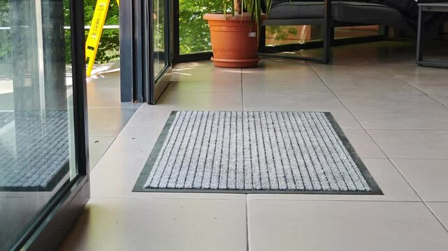 Person leaving the modern building with self opening doors and doormat