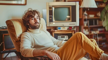 Obraz premium A young man relaxes in a cozy living room with vintage decor, enjoying a peaceful moment on a Sunday afternoon