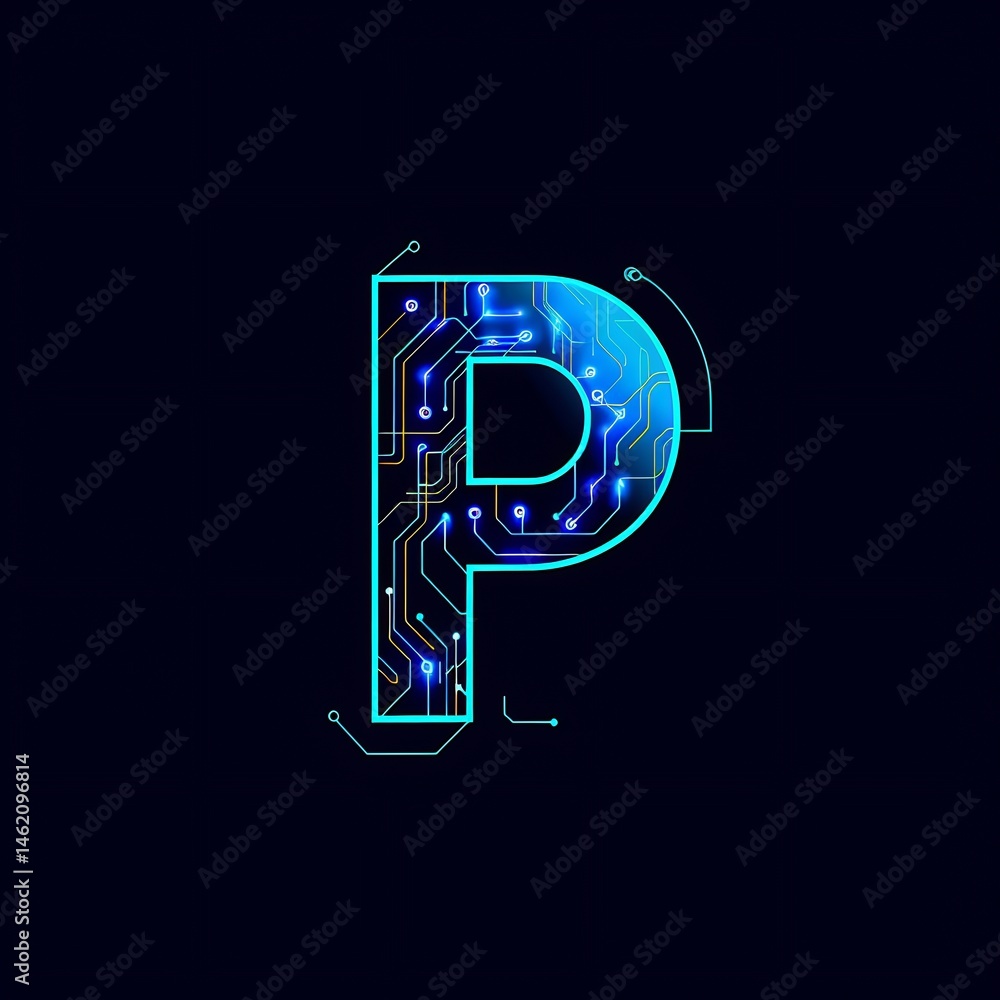 Poster futuristic letter p with circuit board pattern on a dark background design