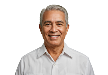 Smiling Older Hispanic Man with Silver Hair in White Shirt Against Black Background, Representing Joy and Wisdom