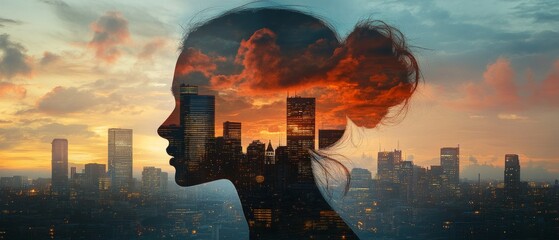 A dreamy image shows a woman's profile merged with a cityscape, creating artistic double exposure. The surreal scene features warm sunset colors.