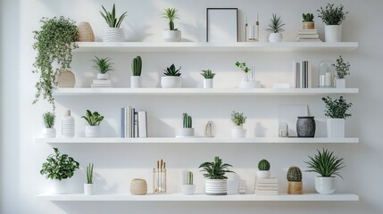 A bright and cozy interior with white walls and shelves filled with houseplants, books, and decorative items, creating a harmonious and inviting atmosphere.