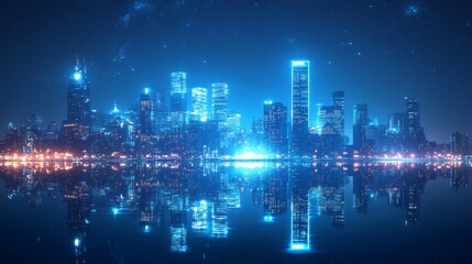 Obraz premium Night cityscape with tall buildings lit by white and blue lights, reflected in water, under a starry sky, evokes calm and tranquility.