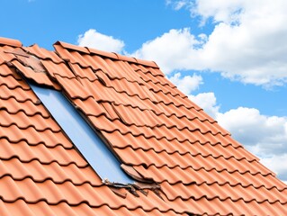 Fototapeta premium Damaged terracotta roof tiles against a vibrant sky