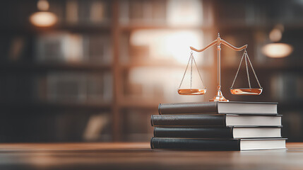 stack of law books with golden scales of justice on top is set against blurred library background, creating dramatic and professional atmosphere