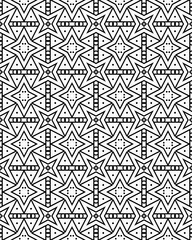 A repeating pattern of geometric stars and dots in black and white, ideal for use in crafts or graphic design endeavors