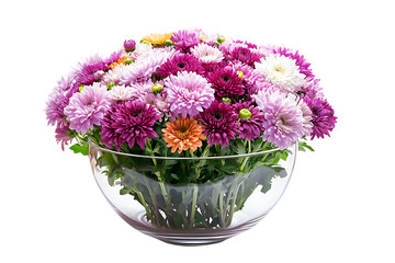 Naklejka premium Vibrant Chrysanthemum Bouquet in Glass Bowl on Transparent Background