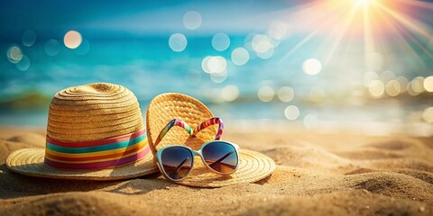 Beach Vacation Essentials: Straw Hat, Sunglasses & Flip Flops on Sandy Shore with Bokeh
