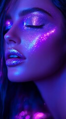 A woman with galaxy-themed makeup, eyes closed, on a black background. Dark tones with star-like accents, gold chain necklace adds contrast.