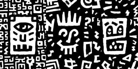 Intricate black and white abstract design featuring a multitude of stylized shapes and symbols, including faces, crowns, and eye-like forms