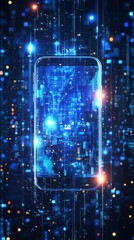 A futuristic and immersive digital artwork features a sleek smartphone in a vibrant blue and gold environment with dynamic patterns and data flow motifs.