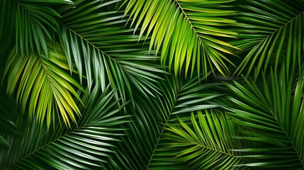Tropical palm leaves close-up, vibrant green hues.