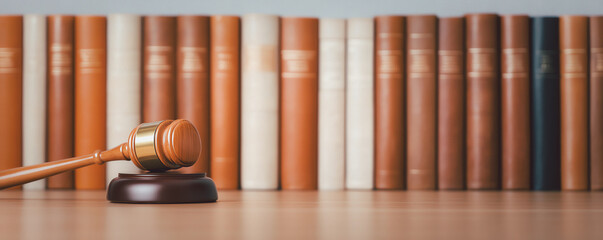wooden gavel rests on table in front of row of law books, symbolizing justice and legal authority. scene conveys sense of order and professionalism