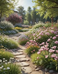 Blooming spring flowers in panoramic garden view,  botany,  colorful