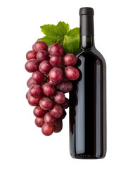 Isolated transparent Wine bottle red grape blend for elegant tasting Wine bottle with a bunch of red grapes and green leaves.