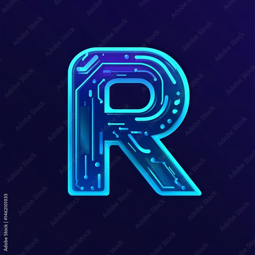 Aufkleber futuristic letter r design with circuit board patterns and glowing neon effect