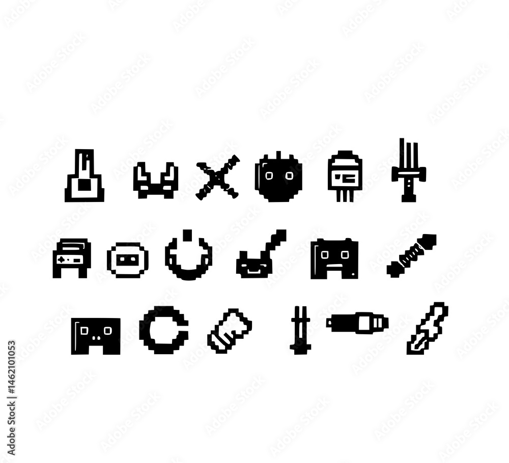 Poster digital icon set: an assortment of pixelated digital icons representing diverse technological elemen