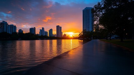 Obraz premium Urban horizon painted in vibrant hues at twilight alongside the river