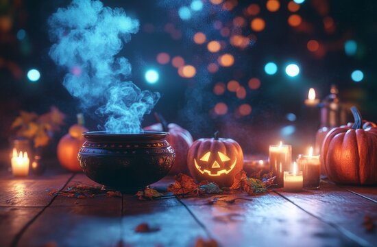 High-resolution, hyper-realistic photography of Halloween pumpkins and candles arranged on a wooden table against a dark background. The image spotlights a witch's cauldron with a captivating smoke ef