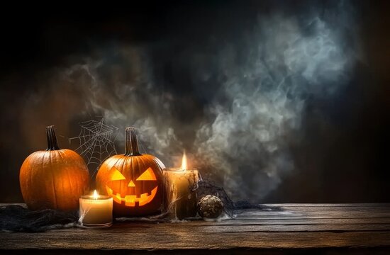 High-resolution image of Halloween pumpkins placed on a wooden table, accompanied by candles and a spider web. The dark room with a smoky background provides an ideal setting for product presentation,