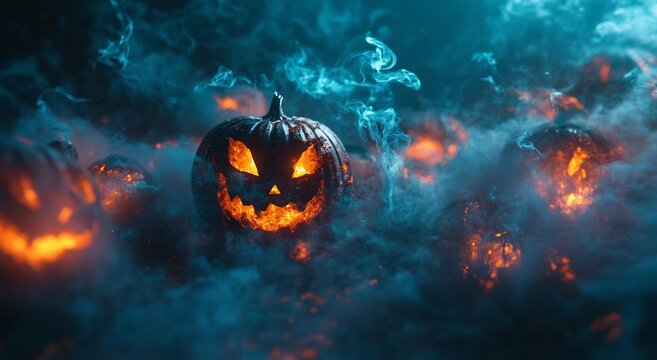 High-quality image of a Halloween pumpkin background featuring a dark blue and orange color scheme. Glowing jack-o'-lanterns with smoke effects create a mysterious atmosphere, complemented by fantasy 