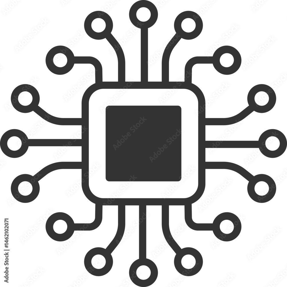Poster minimalist vector graphic depicting a central processing unit (cpu) or microchip. represents technol