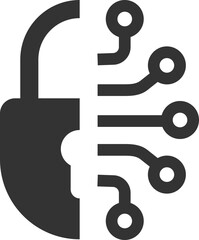 Minimalist vector icon of a padlock merged with a circuit board. Represents digital security, encryption, or data protection. Ideal for technology or cybersecurity themes.