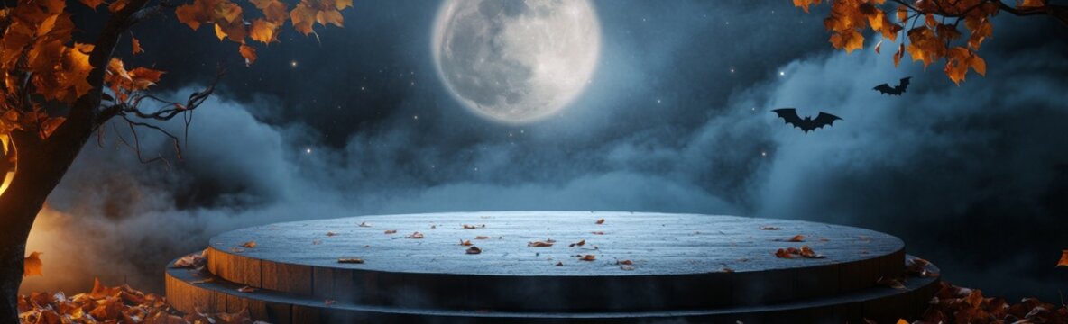 High-quality 3D-rendered podium with dark leaves and a full moon background, suitable for product presentation. The big round stage is adorned with Halloween decorations, and bats are flying in the sk