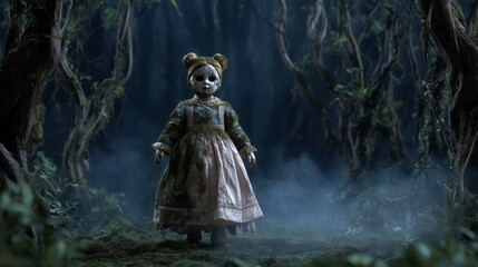 Obraz premium horror doll standing upright in the middle of a dark forest, porcelain face cracked with moss growing from the cracks