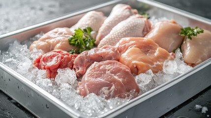 A raw assortment of chicken meat - fillet, thighs, wings, and drumsticks - placed in a metal tray with crushed ice. 