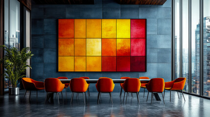 Boardroom elegance: a colorful canvas above the table enhancing corporate aesthetic, for meetings and strategic sessions.