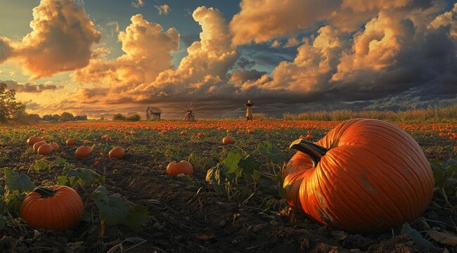 High-quality wide-angle shot of an orange pumpkin patch at sunset, featuring bountiful crops and a scarecrow in the background under dramatic clouds. The field, covered in dark brown soil, has small g