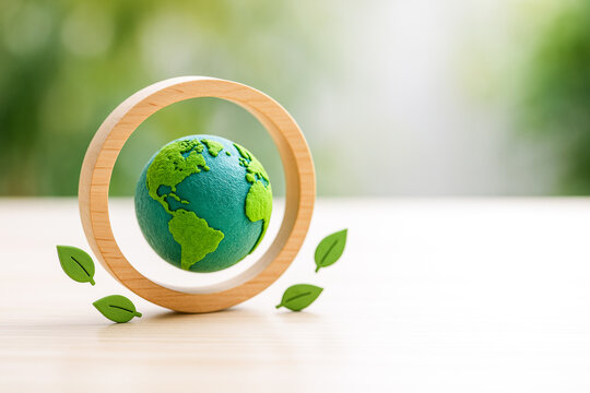 Conceptual globle sustainability symbolized by green earth in wooden ring with leaves on bright background for eco friendly ideas