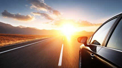 A car drives on an open road toward a bright sunset, with clear skies and desert landscape stretching alongside.