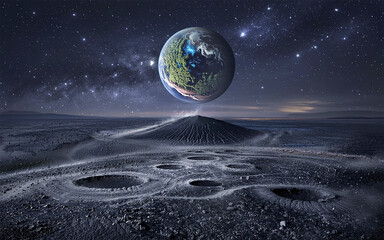 Fantasy landscape showcasing an alien planet with an earth-like world floating above volcanic structures