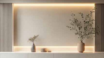 Minimalist, modern wall display with light beige tones and simple decor.  Small, neutral colored vases and dried plants add a touch of nature