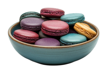Colorful macarons in ceramic bowl, delicious and sweet dessert with vibrant colors