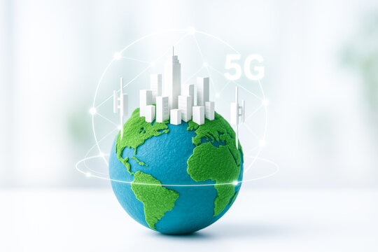 Conceptual globle sustainability cityscape with modern building and 5G network symbolizing eco friendly urban future