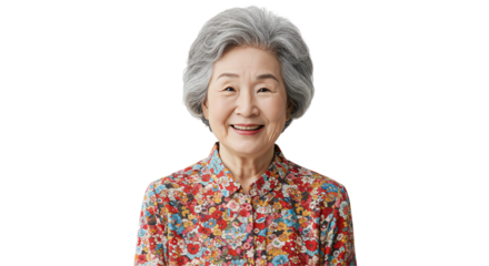 Elderly Asian Woman Wearing Floral Dress, Smiling Warmly Against Black Background, Showcasing Grace and Wisdom at an Advanced Age