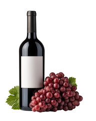 Isolated transparent Wine bottle red grape blend for elegant tasting Wine bottle with a blank label next to a cluster of red grapes and green leaves.