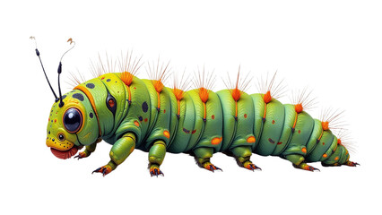 Vibrant green caterpillar with orange spots and antennae on white background for marketing campaigns, educational materials, and children's book illustrations with copy space