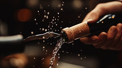 Bartender opening wine with corkscrew.