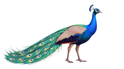 Naklejka premium Majestic peacock standing proudly showcasing vibrant colorful plumage for luxury brand advertising campaigns and corporate marketing materials with copy space for text